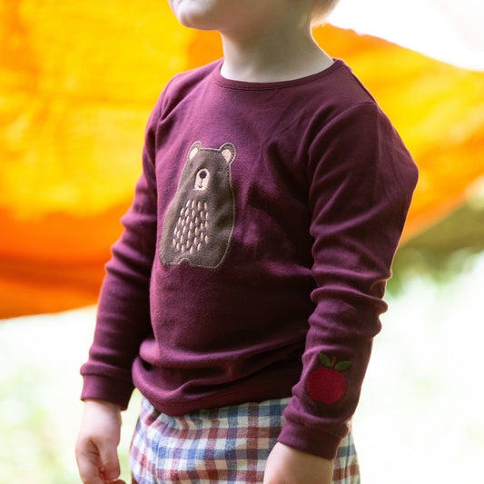 Little Green Radicals Organic Kids' Long Sleeved T-Shirt- Teddy Bear Appliqué