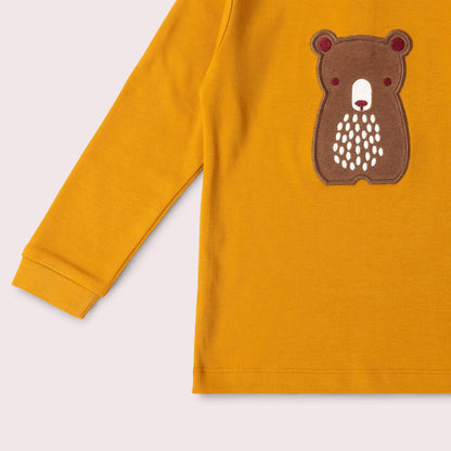 Little Green Radicals Organic Cotton Long Sleeve T-Shirt - Gold Brown Bear Appliqué