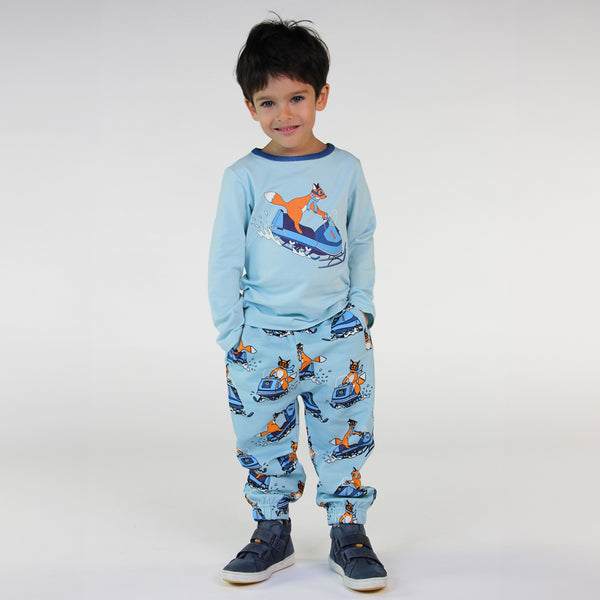 Boy wearing Smafolk organic Long sleeved t-shirt- snowmobile, stratosphere blue