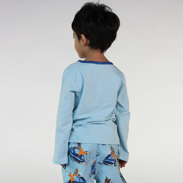 Boy wearing Smafolk organic Long sleeved t-shirt- snowmobile, stratosphere blue