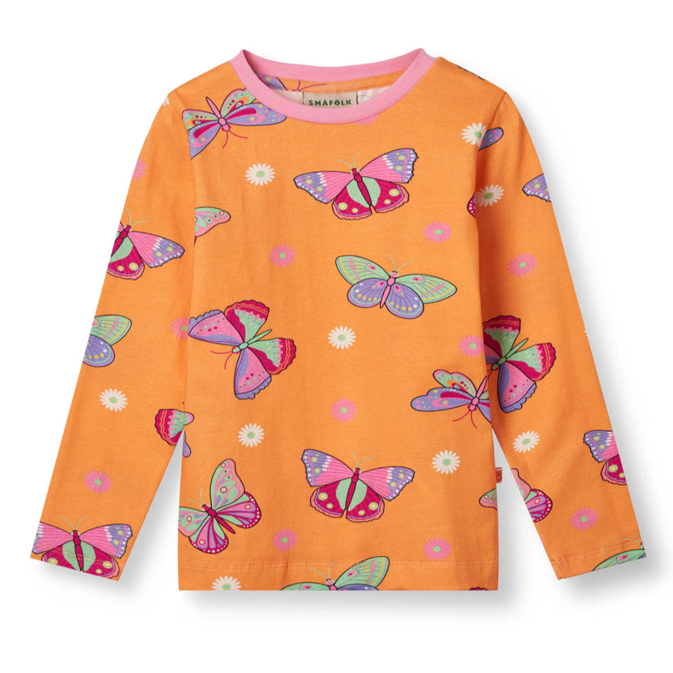Småfolk Organic Long Sleeved Girls' T-shirt- Butterflies, Papaya