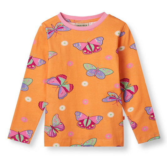Småfolk Organic Long Sleeved Girls' T-shirt- Butterflies, Papaya