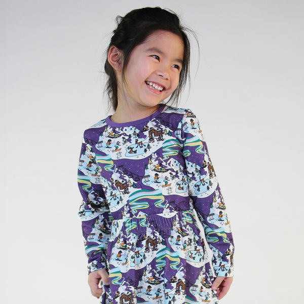 Girl wearing Smafolk organic Long sleeved t-shirt- winter landscape