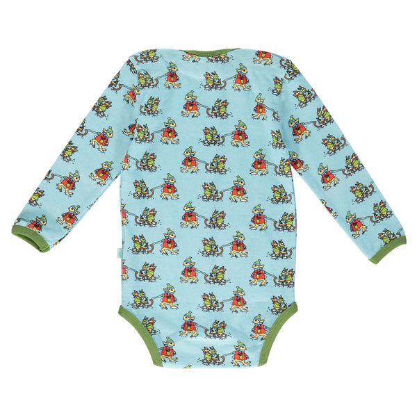 Smafolk organic Long sleeved bodysuit- sledding rabbits, stratosphere blue, back