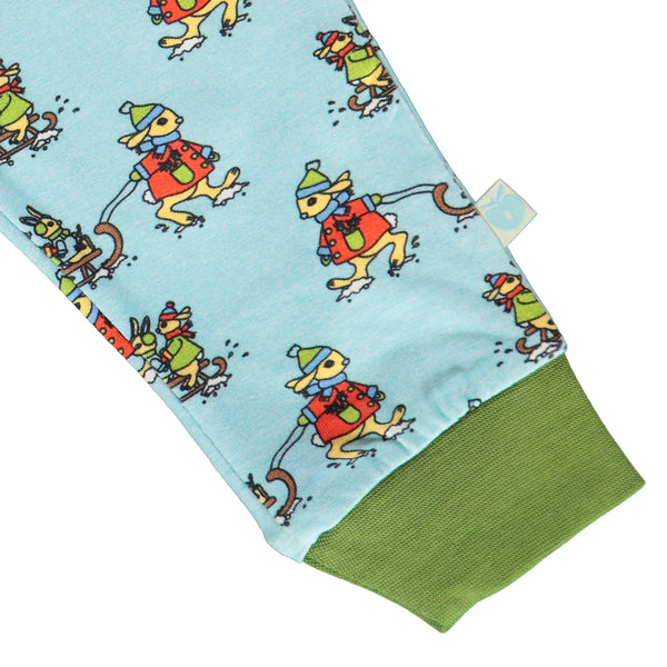 Smafolk organic Pants- sledding rabbits, closeup