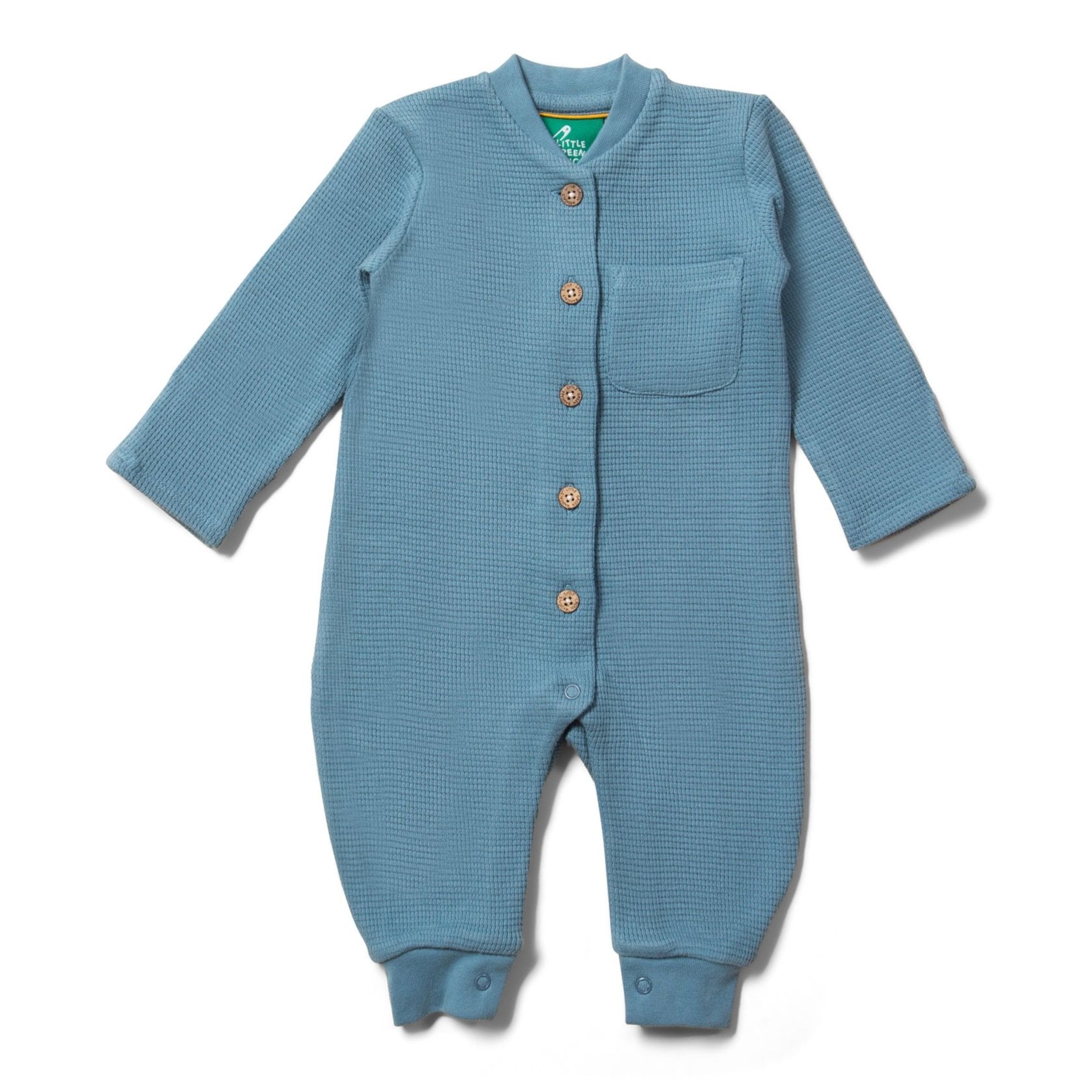 Little Green Radicals organic Waffle playsuit- dreamy blue