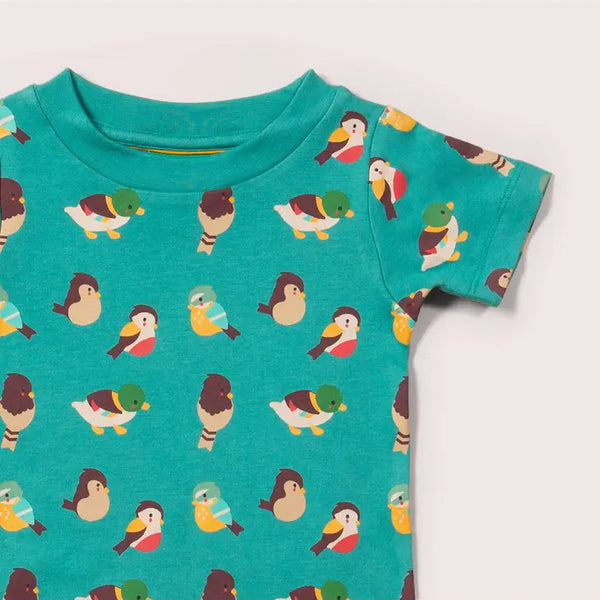 Little Green Radicals organic Garden birds short sleeve t-shirt, closeup
