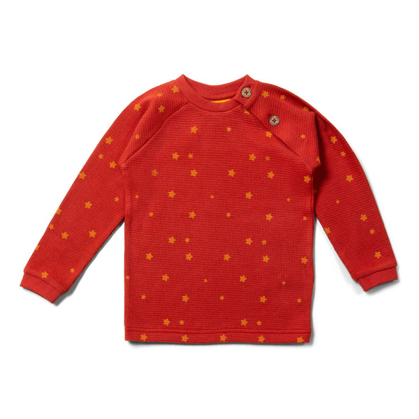 Little Green Radicals organic Waffle long sleeved button top- hazelnut stars