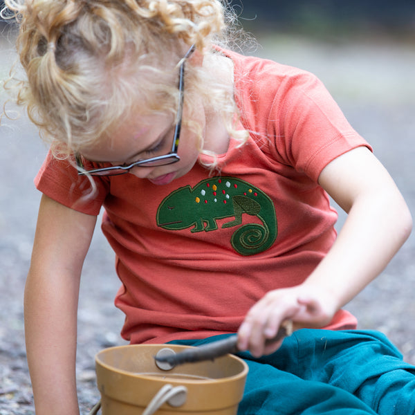 Boy wearing Little Green Radicals organic Lizard appliqué short sleeve t-shirt