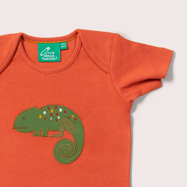 Little Green Radicals organic Lizard appliqué short sleeve t-shirt, closeup