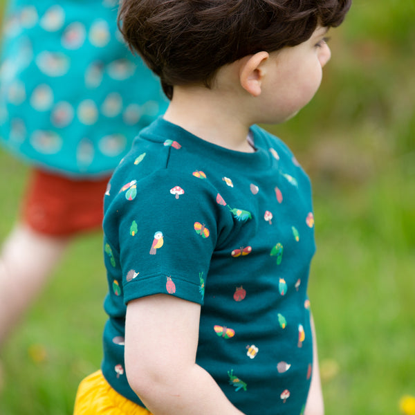 Boy wearing Little Green Radicals organic Nature marvels short sleeve t-shirt
