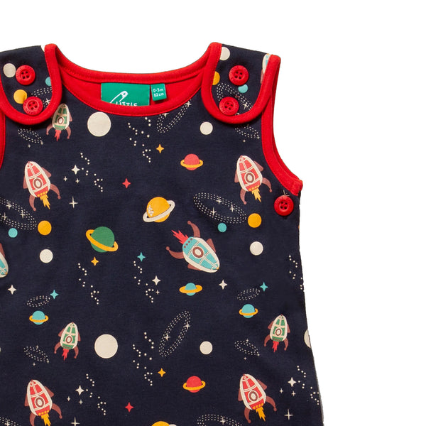 Little Green Radicals organic Overalls- outer space, closeup