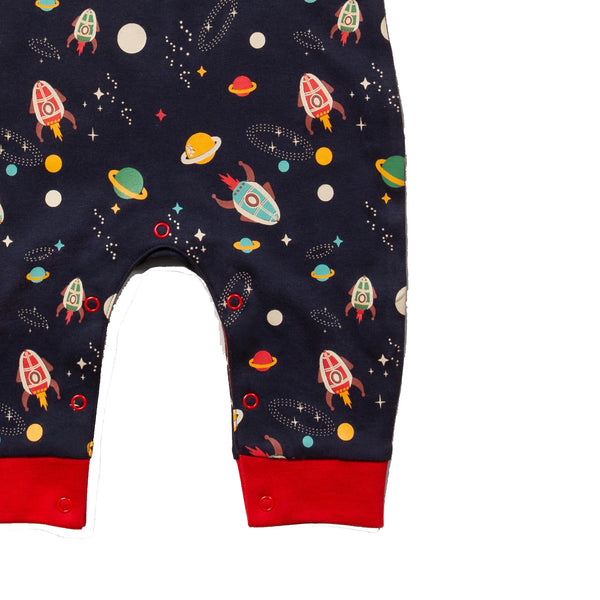 Little Green Radicals organic Overalls- outer space, closeup