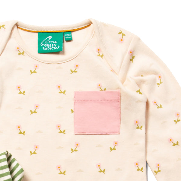 Little Green Radicals organic T-shirt & jogger playset- pink flowers, closeup