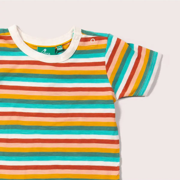 Little Green Radicals organic Short sleeve t-shirt- rainbow striped, closeup