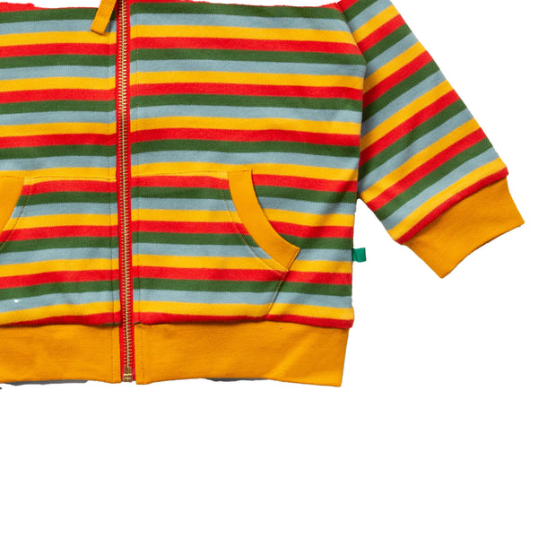 Little Green Radicals organic Sun/rainbow stripe reversible jacket, closeup