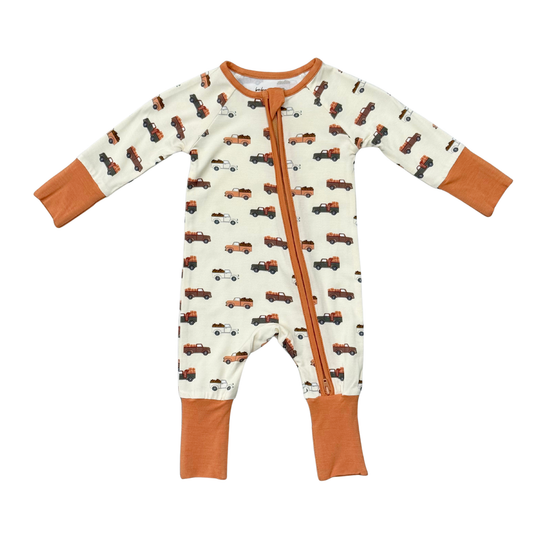 Bamboo Long Sleeve Zip Romper - Pumpkin Trucks