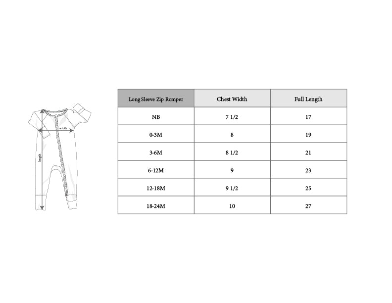 Measurement chart for a long-sleeve zip romper with chest width and full length dimensions.