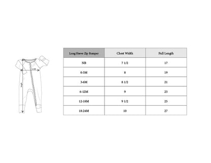 Measurement chart for a long-sleeve zip romper with chest width and full length dimensions.