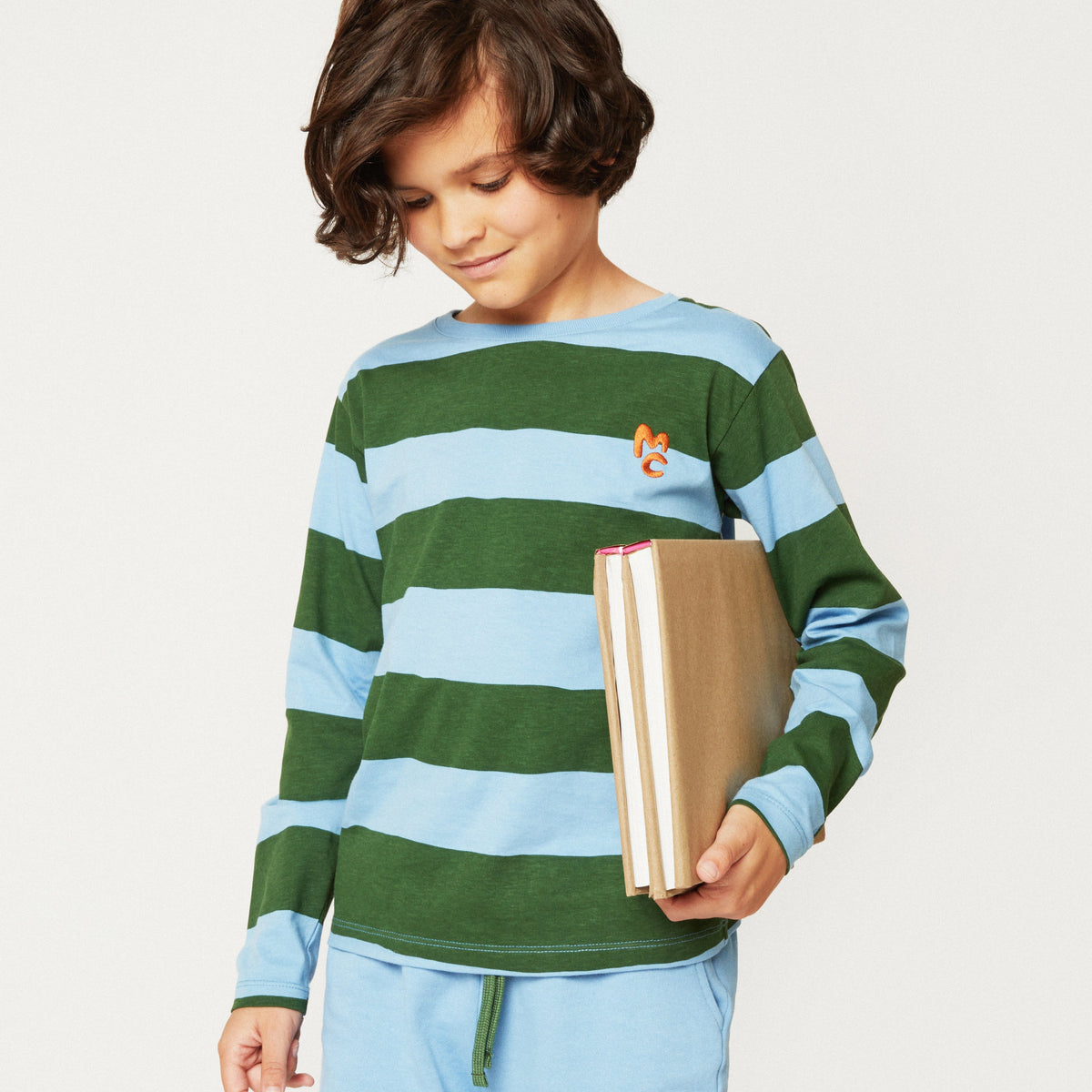 Mon Coeur Organic Cotton Long Sleeve T-Shirt - Blue & Green Rugby Stripe 