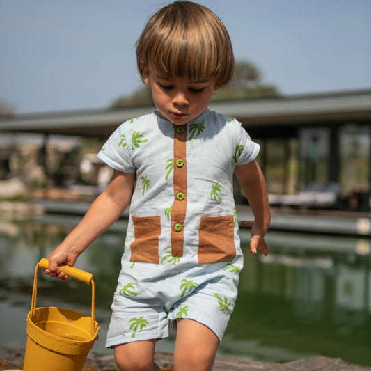 Linen Pocket Romper - Palm Tree