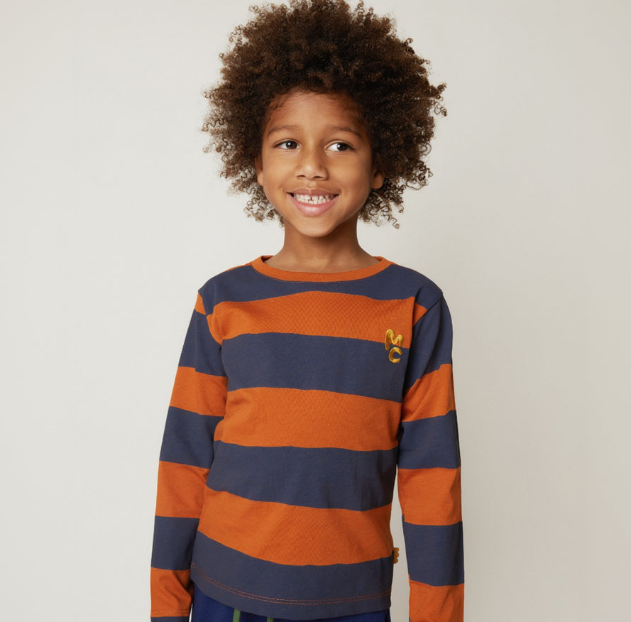 Mon Coeur Organic Cotton Long Sleeve T-Shirt - Chestnut & Navy Rugby Stripe