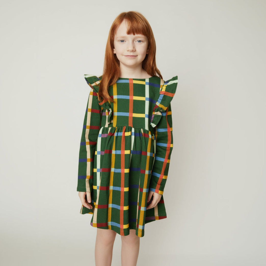 Mon Coeur Organic Cotton Ruffle Dress - Fall Grid