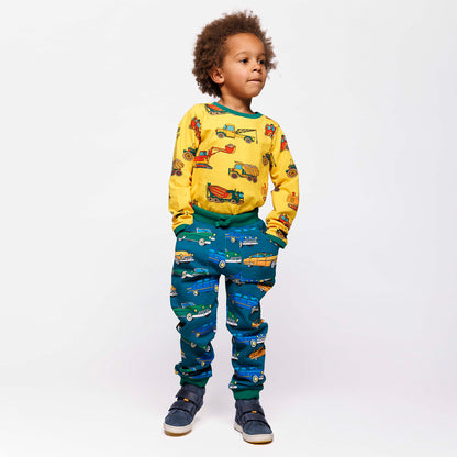 Småfolk Organic Boys' Sweatpants- Cars, Petroleum Green