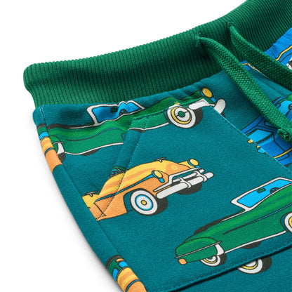 Småfolk Organic Boys' Sweatpants- Cars, Petroleum Green