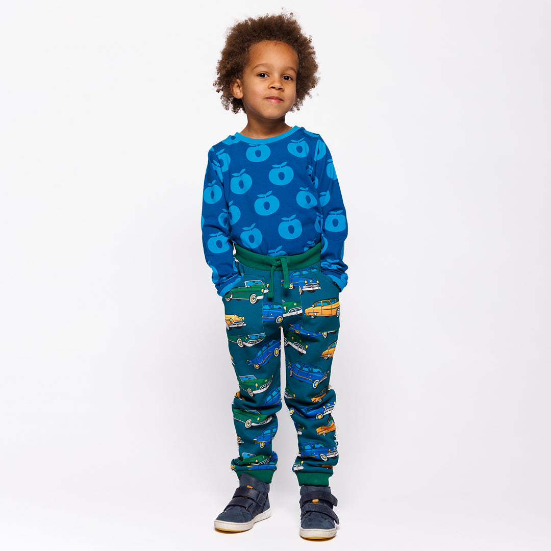 Småfolk Organic Boys' Sweatpants- Cars, Petroleum Green