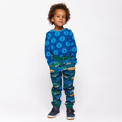 Småfolk Organic Boys' Sweatpants- Cars, Petroleum Green