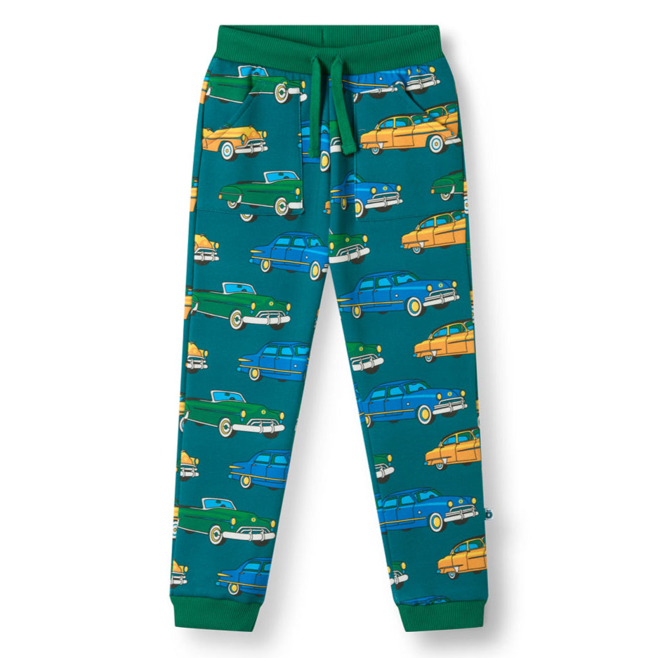 Småfolk Organic Boys' Sweatpants- Cars, Petroleum Green