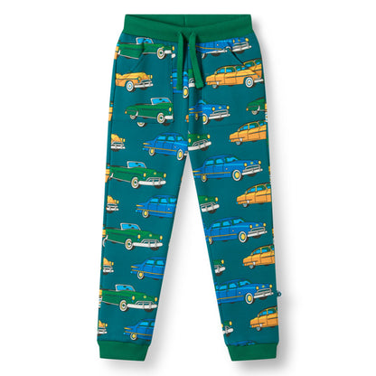 Småfolk Organic Boys' Sweatpants- Cars, Petroleum Green