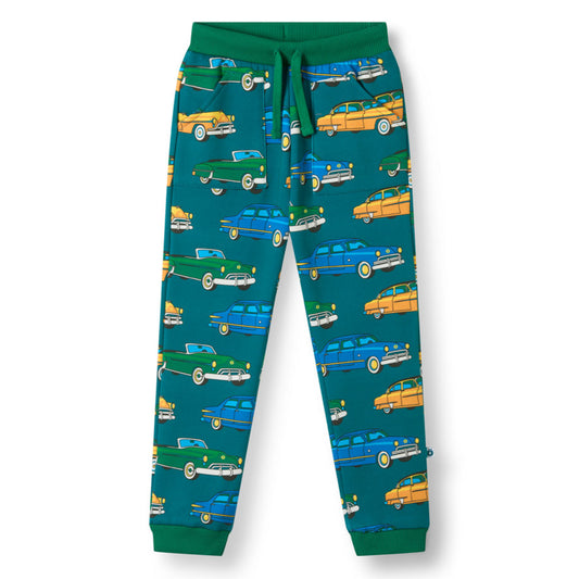 Småfolk Organic Boys' Sweatpants- Cars, Petroleum Green