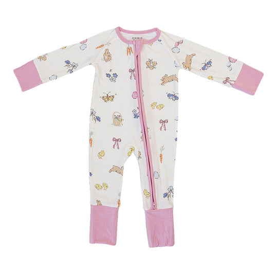 Pink Bunny Bamboo Zipper Footie - Spring Baby Pajamas