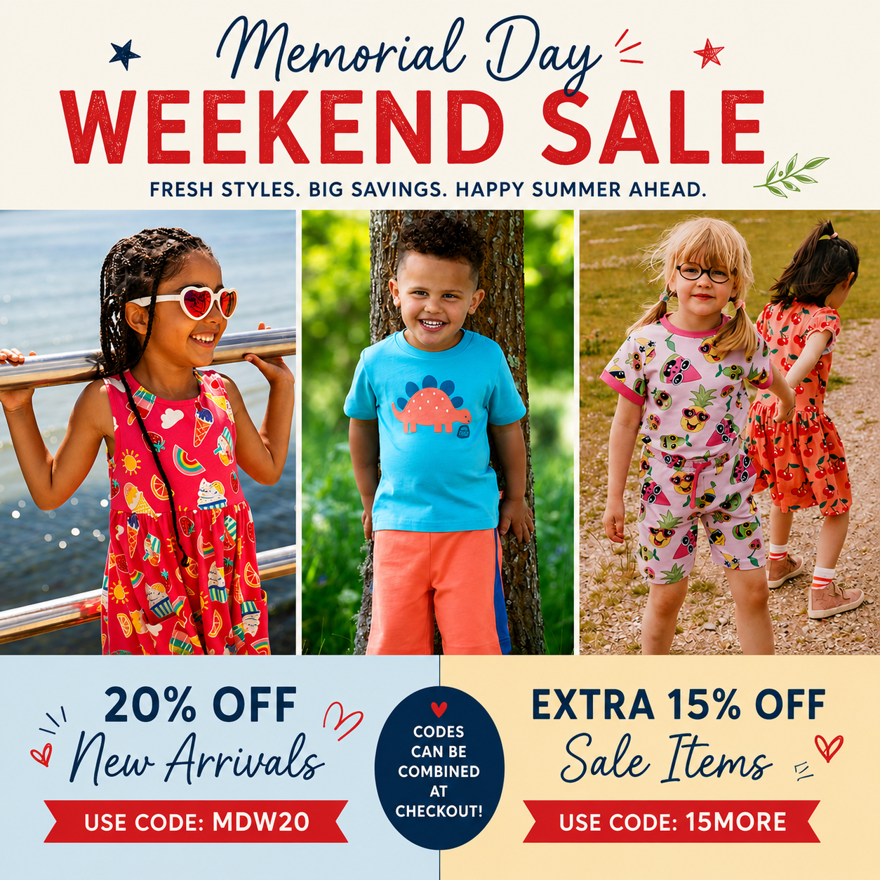 Memorial Day Weekend Sale advertisement with children in colorful outfits by a lake, tree, and grassy area.