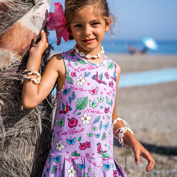 Girl wearing Mullido organic Sleeveless dress- lilac Costa Rica