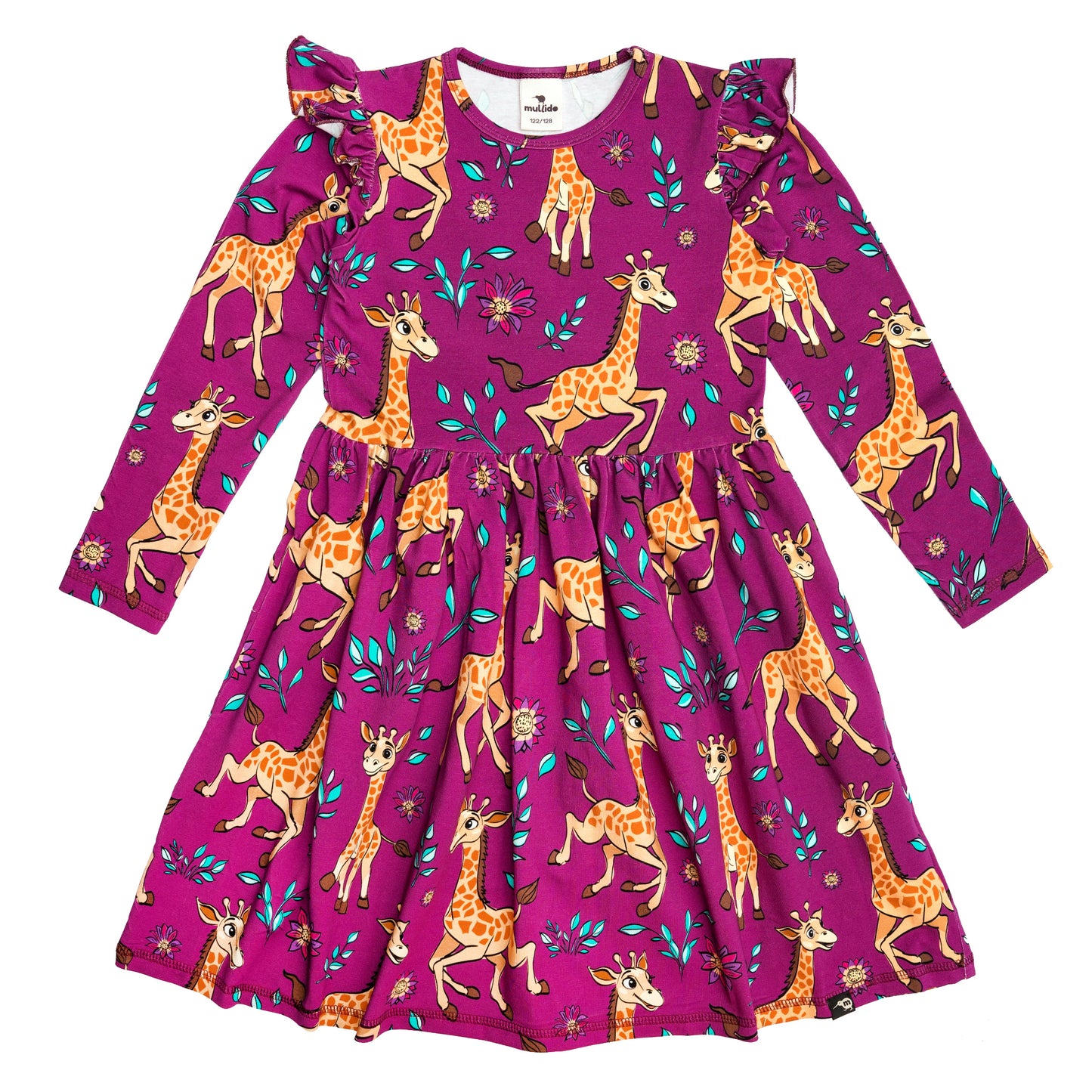Mullido Organic Girls' Long Sleeved Dress- Giraffe, Pink