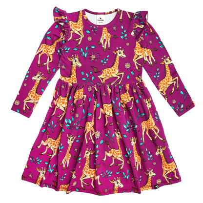 Mullido Organic Girls' Long Sleeved Dress- Giraffe, Pink