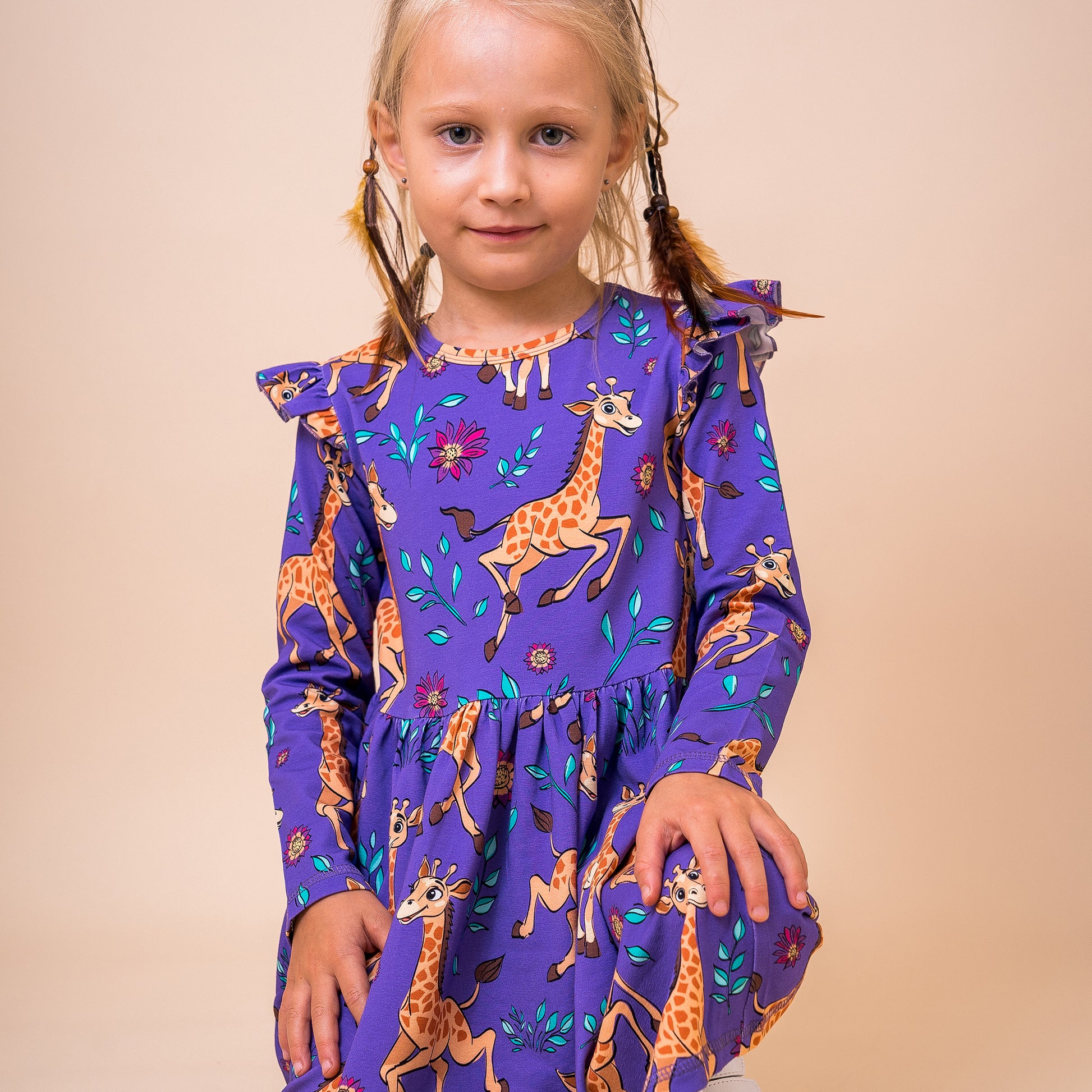 Mullido Organic Girls' Long Sleeved Dress- Giraffe, Pink