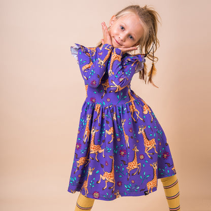 Mullido Organic Girls' Long Sleeved Dress- Giraffe, Pink