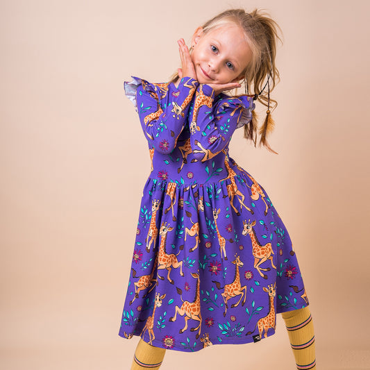 Mullido Organic Girls' Long Sleeved Dress- Giraffe, Pink