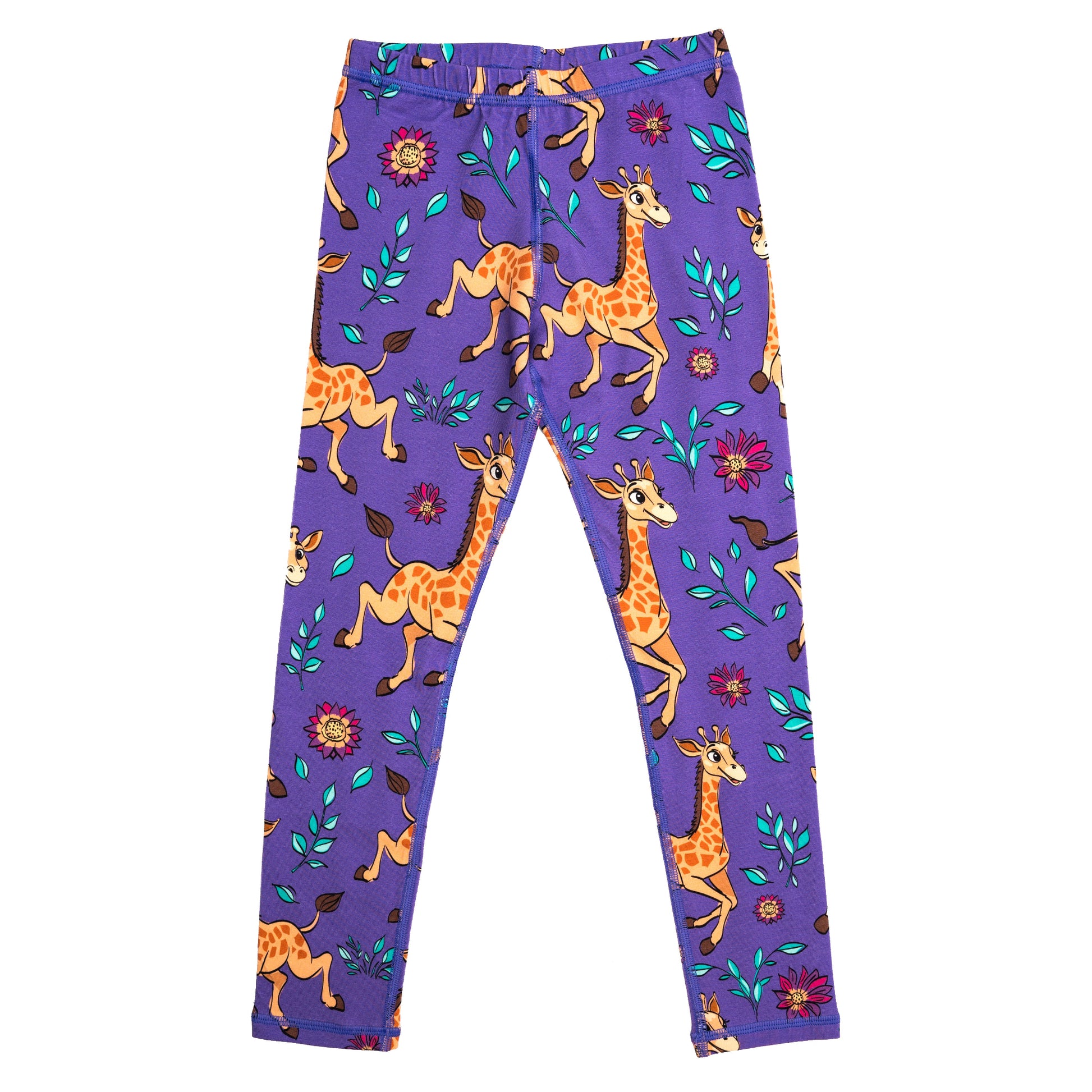 Mullido Girls' Organic Leggings- Giraffe, Purple