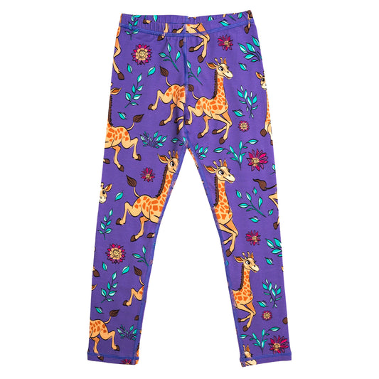 Mullido Girls' Organic Leggings- Giraffe, Purple
