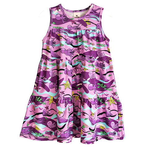 Mullido organic Sleeveless tiered dress- octopus, purple