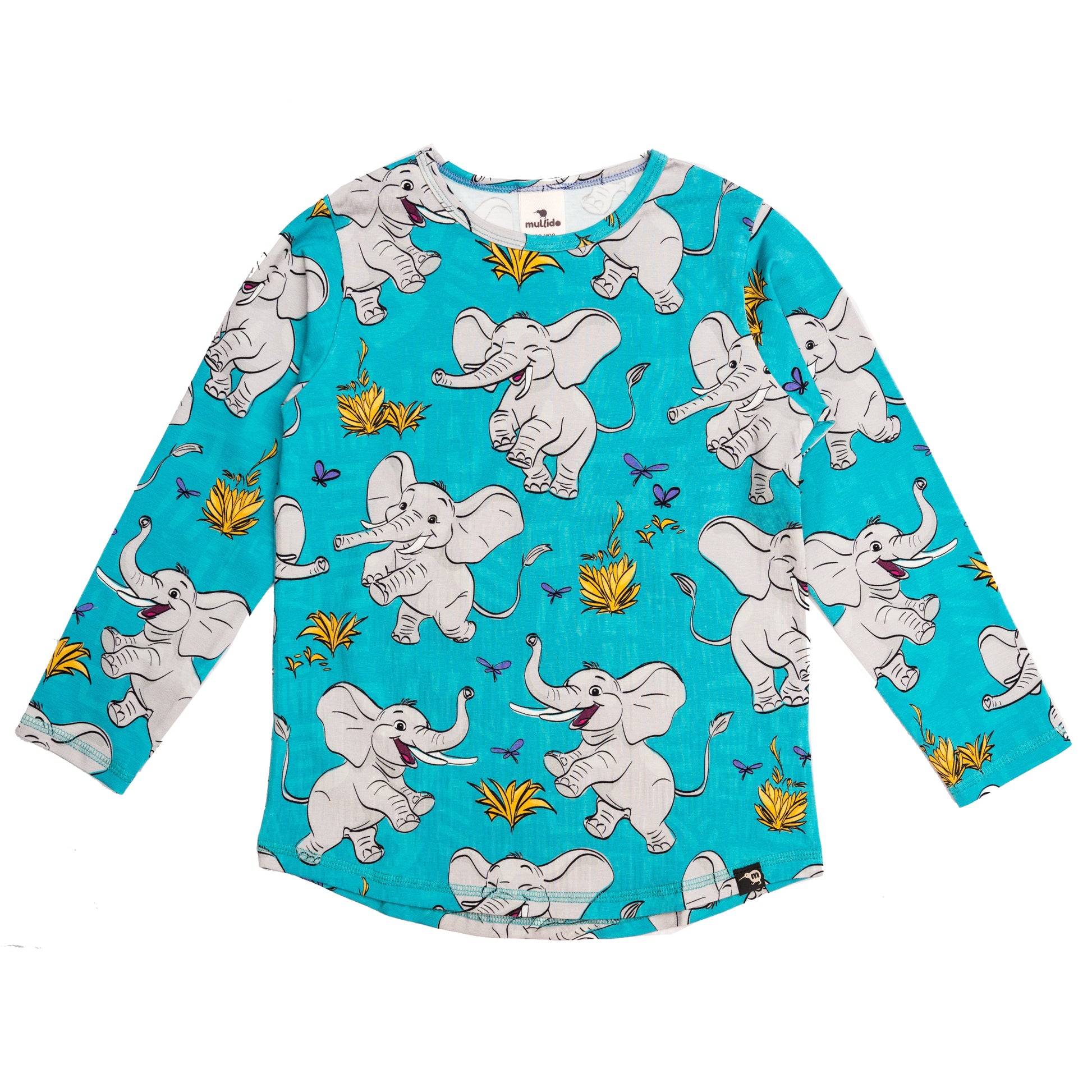 Mullido Organic Kids' Long Sleeved Top- Turquoise Elephant