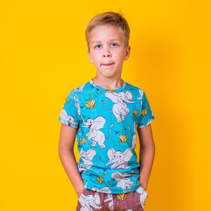 Mullido Organic Kids' Long Sleeved Top- Turquoise Elephant