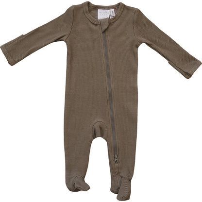 Baby Organic Cotton Ribbed Zipper Footed Pajamas - Cocoa | Mebie Baby