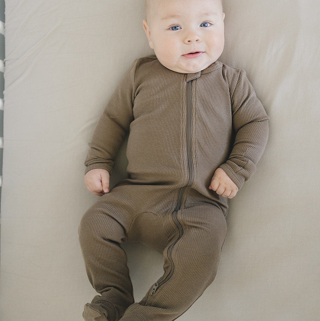 Baby Organic Cotton Ribbed Zipper Footed Pajamas - Cocoa | Mebie Baby