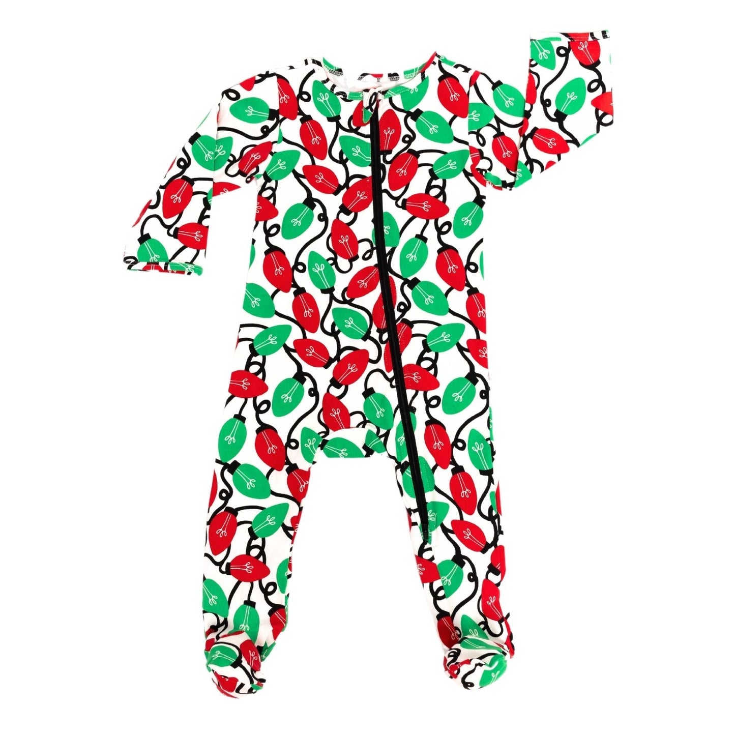 Christmas-themed onesie with red and green lights on a white background